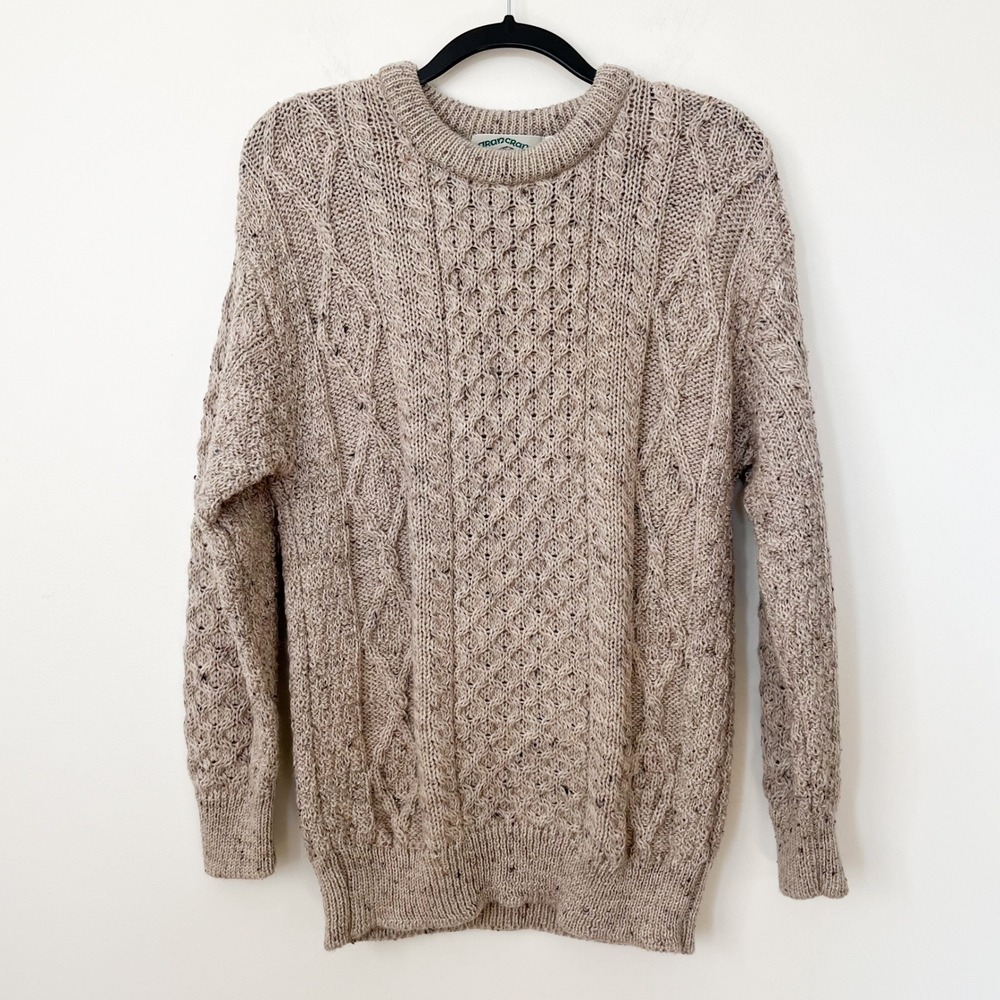 Aran Crafts Ireland 100% Wool Cable Knit Fisherman Sweater Oatmeal Mens Medium